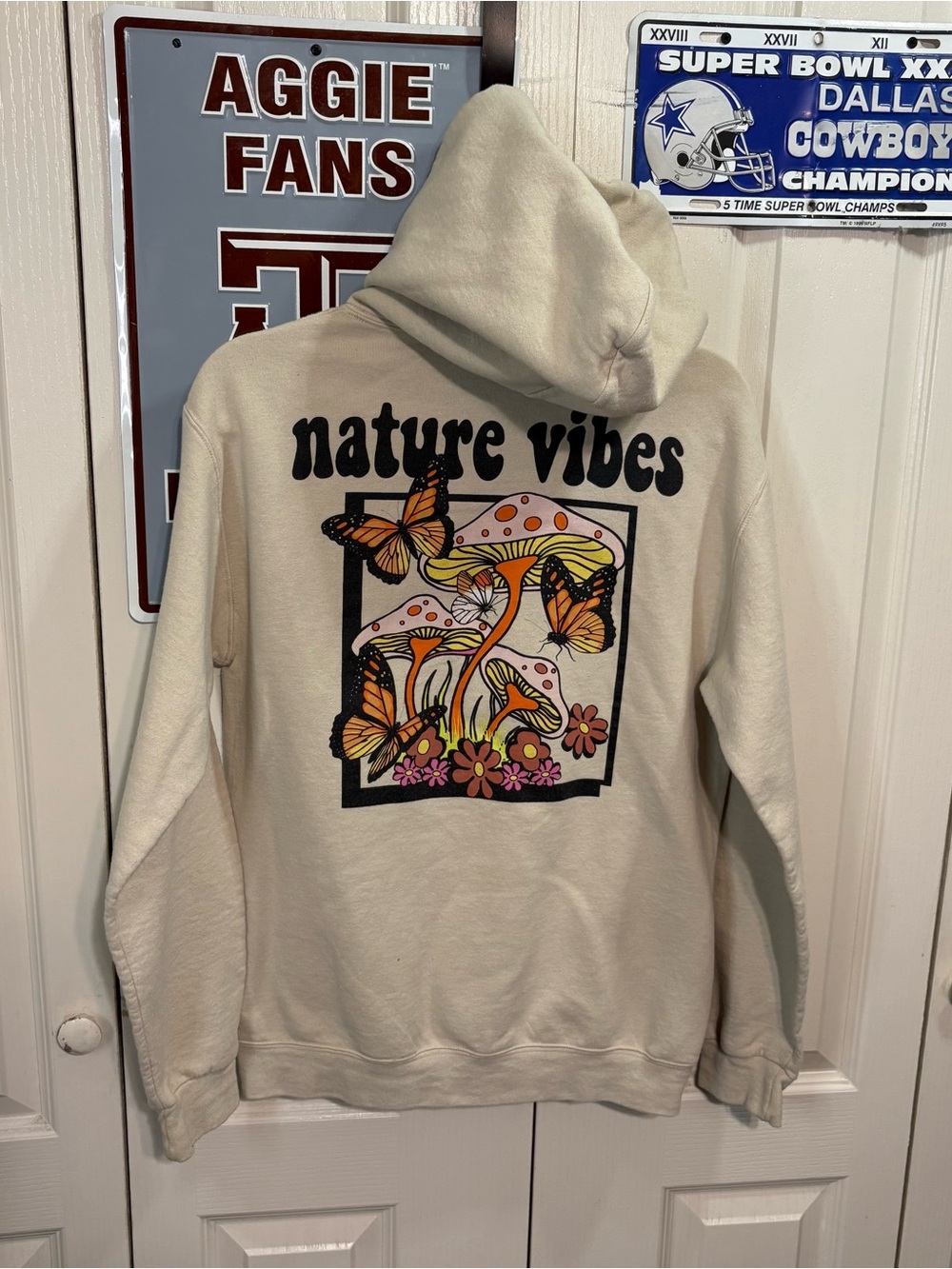 Nature Vibes Women’s Graphic Hoodie — Cream with Orange & Pink Print